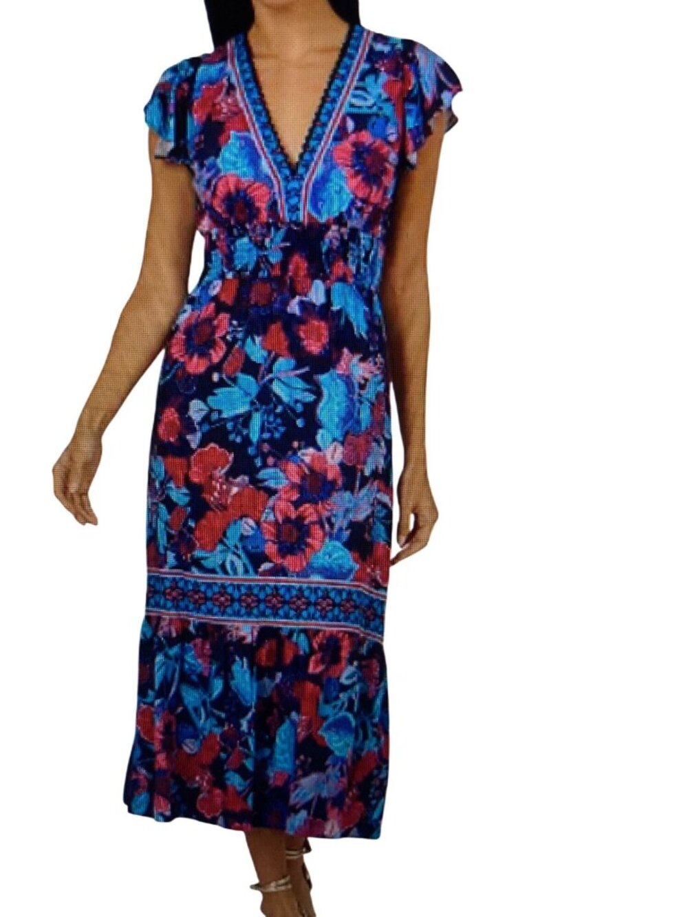 Adrianna Papell Women's Smocked-Waist Flutter-Sleeve Floral  Dress Sz 2  NWT
